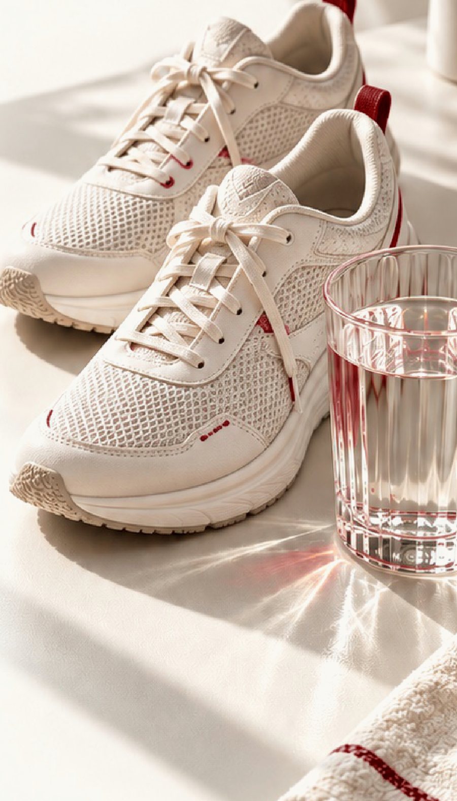 Running shoes beside a glass of water and a towel in soft morning light